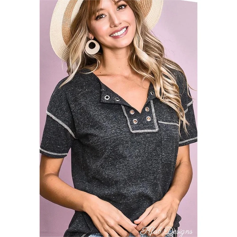❤️LAST 1! Super Soft Eyelet Detail Charcoal Henley Top! - Picture 6 of 11